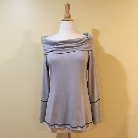 Fold Over Cowl Neck Off Shoulder Contrast Stitching Knit Top - Picture 2 of 6